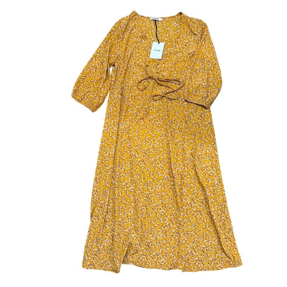 FARROW prairie midi dress yellow floral cottagecore tie waist LARGE